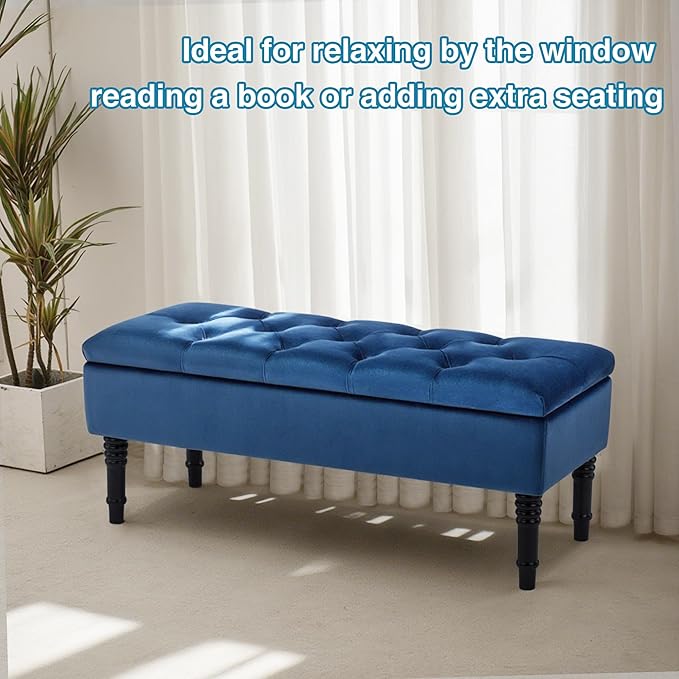 Ottoman with Storage Velvet Storage Bench Holds Up to 500 lbs Ottomans Upholstered Bench with Seating for Bedroom, Living Room, Blue