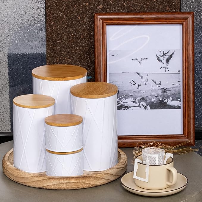 White Canister Sets for Kitchen Counter, Kitchen Canisters Set of 6, Flour and Sugar Containers, Coffee and Tea Storage, Modern Farmhouse Kitchen Decor