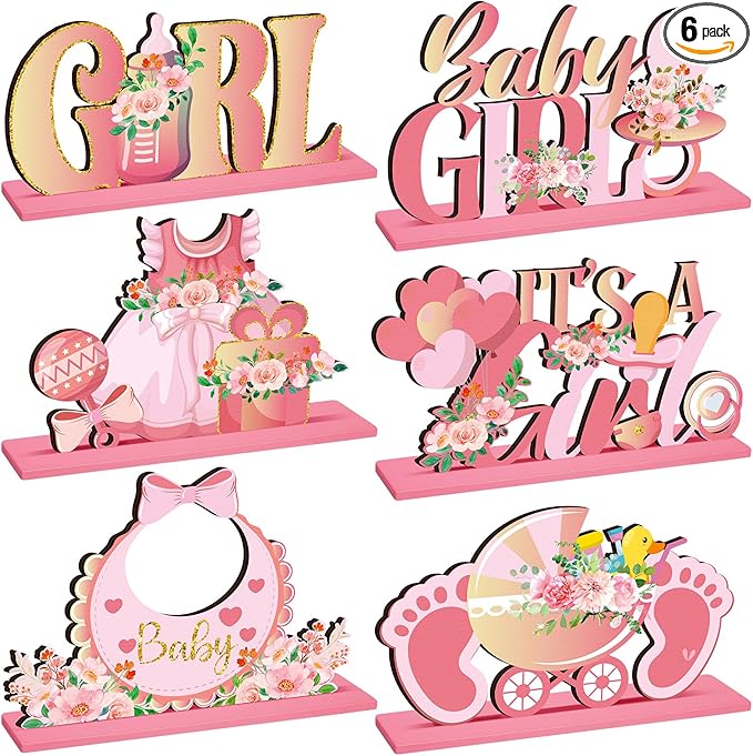 6pcs Pink Baby Shower Decorations Wooden Centerpieces for Girls Floral It's a Girl Gender Reveal Table Centerpiece Party Supplies Baby Girl Pregnancy Announcement Table Topper