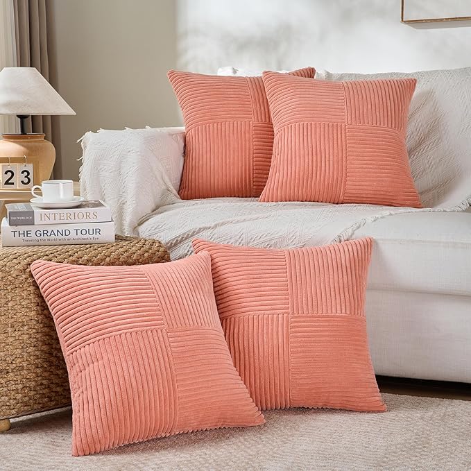 Fancy Homi 2 Packs Coral Samll Decorative Throw Pillow Covers 14x14 Inch with for Couch Bed Sofa, Rustic Farmhouse Boho Home Decor, Soft Corss Patchwork Corduroy Square Peach Cushion Case 35x35 cm