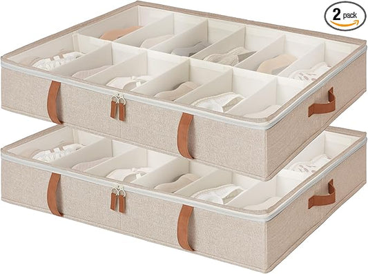 StorageWorks Under Bed Shoe Storage Organizer, Underbed Shoes Container with Adjustable Dividers, Shoe Storage Basket with Cover, Brown, 2-Pack, Space-Saving Shoe Box Fits up to 24 Pairs