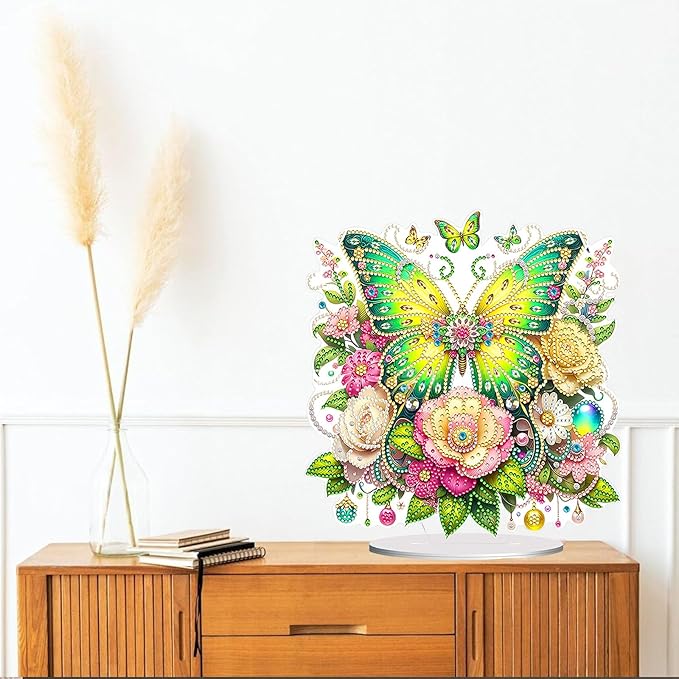 Diamond Painting Kits for Adults Beginners, 5D Full Drill Flowers and Butterfly Crystal Art Desktop Ornament, DIY Single Sided Home Office Desk Decor, Creative Craft Gift Set with Tools