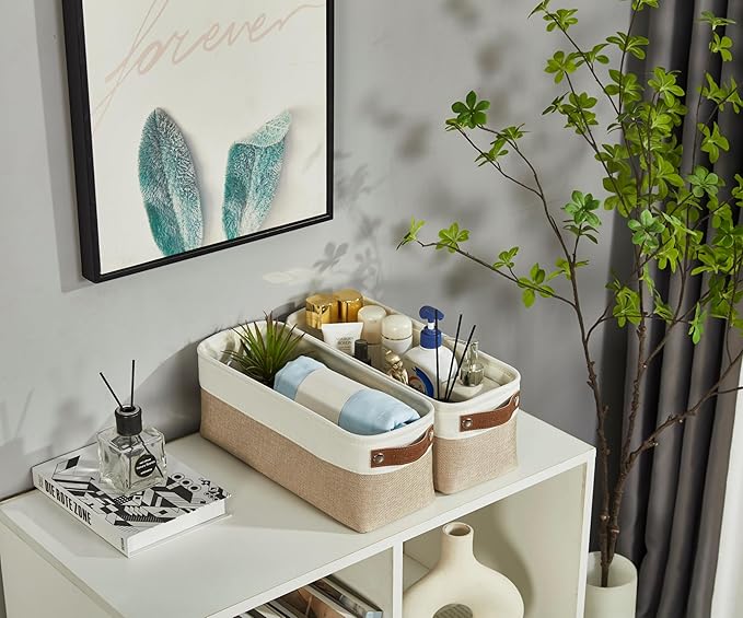 DECOMOMO Narrow Storage Bins Small Baskets for Organizing Bathroom, Toilet Tank, Towel Storage, Entryway, Gifts (Beige and White - Set of 4)