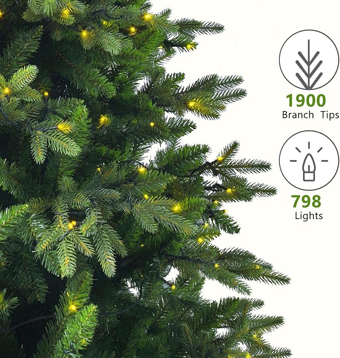 7.5ft Pre-lit Artificial Christmas Tree with 798 Warm White & Multi-Color LED Lights, 1900 Branch Tips, 3-Minute Quick Power Connect Pencil Xmas Tree for Holiday Decoration Home and Party