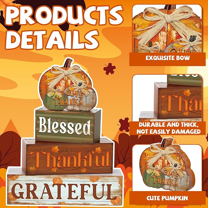 4 Pcs Fall Thanksgiving Decor for Home Thanks Pumpkin Wooden Signs with Blessed Autumn Tiered Tray Decor Give Thanks Tabletop Centerpiece Grateful Block Signs for Fall Office Kitchen Shelf