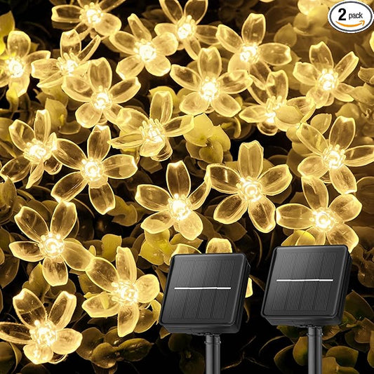 Brightown 2 Pack Total 52FT 120 LED Solar String Lights Flower Outdoor Waterproof Fairy Lights for Garden Yard Fence Patio Christmas Tree Wedding Party Decor, Warm White