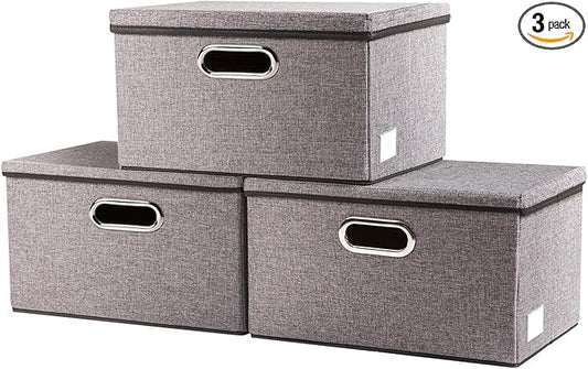 PRANDOM Storage Bins with Lids [3-Pack] Linen Fabric Foldable Storage Boxes Organizer Containers Baskets Cube with Cover for Home Bedroom Closet Office Nursery Grey（11.4X8.6X6.7