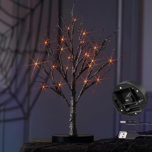 Hairui Lighted Tabletop Black Glittered Spooky Tree with Orange Lights 24 LED 18 Inches for Halloween Witch Decoration Battery Operated or USB Plug in Indoor Use
