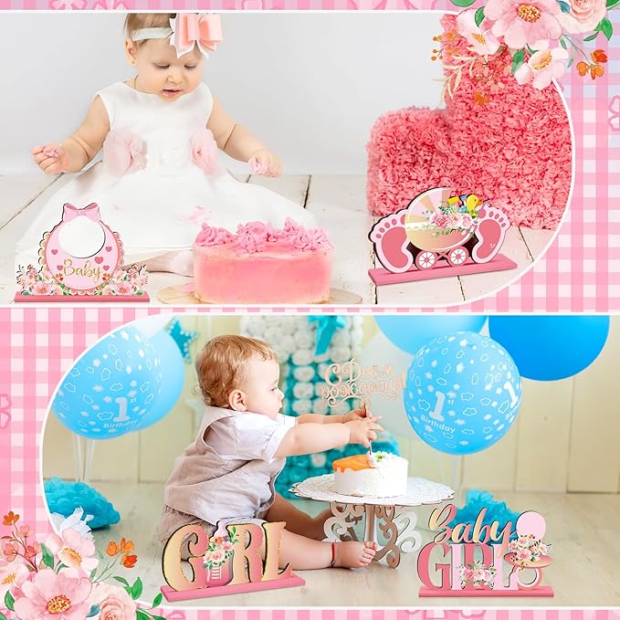 6pcs Pink Baby Shower Decorations Wooden Centerpieces for Girls Floral It's a Girl Gender Reveal Table Centerpiece Party Supplies Baby Girl Pregnancy Announcement Table Topper