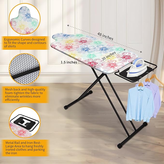 Extra Large Ironing Board with Hang Rail and Iron Rest 63" L x 20" W (Large with Iron Rest (Floral Cover))