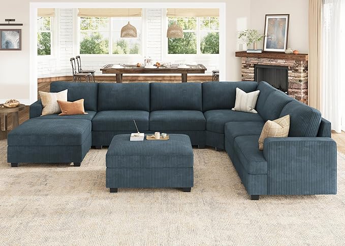 Nolany Sectional Sofa with Storage Ottoman, Corduroy Modular Sectional Couch, U Shape Sectional Couches for Living Room, Blue