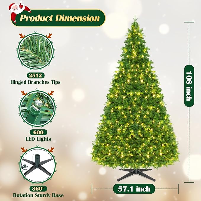 9FT Pre-Lit Christmas Tree with Remote Control, Multi-Color LED Lights, Musical Rotating Christmas Tree Stand, Easy Assembly in 3 Sections, Foldable Metal Stand for Home Holiday Decor