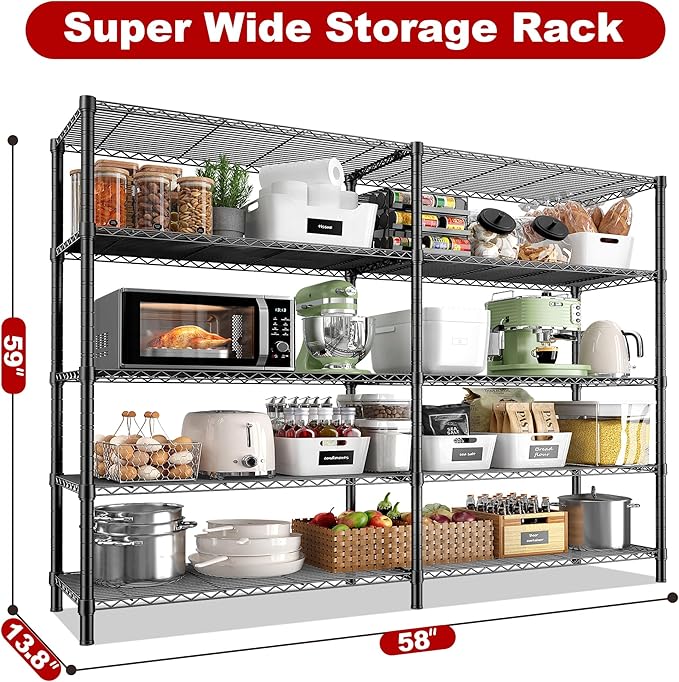 REIBII 5 Tier Wire Shelving Storage Shelves Loads 1430LBS, 58" W Metal Shelving for Storage Adjustable Shelving Unit Heavy Duty Garage Shelves Pantry Shelves Kitchen, Black