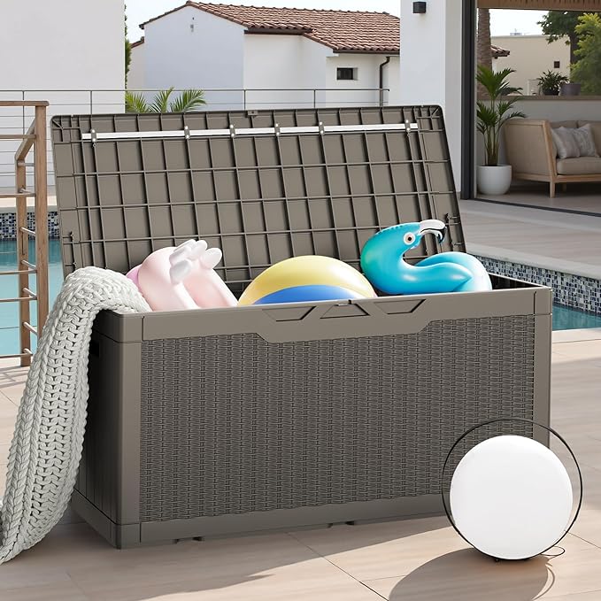 JUMMICO 100 Gallon Resin Deck Box, Waterproof Outdoor Storage Box with Lockable Lid for Garden Tools, Patio Cushions (Light Brown)