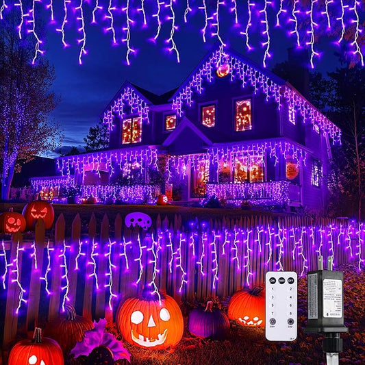 JMEXSUSS Purple Halloween Lights Outdoor, 800 LED Purple Icicle Lights Outdoor Waterproof, 8 Modes String Light Plug in for Fireplace Tree Garden Patio Halloween Decor
