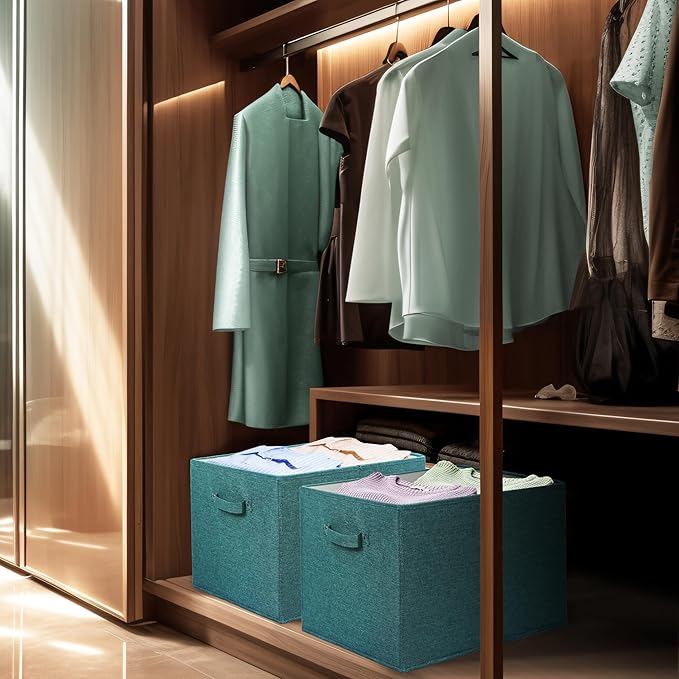 SIMPLE HOUSEWARE 15 x 13 Inch Collapsible Fabric Storage Bin with Handles, 2 Pack, Turquoise