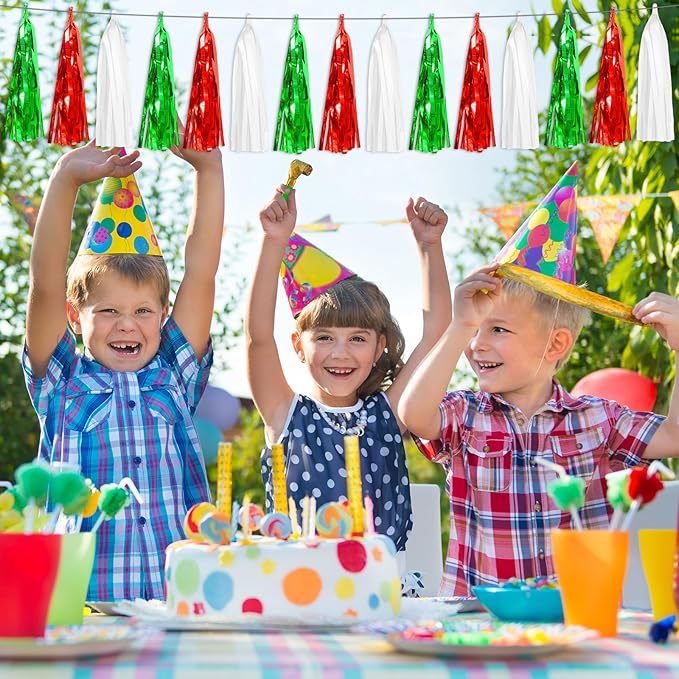 4P Red Green White Foil Fringe Metallic Tassel Streamers Banner Tassel Garland for Parade Floats, Graduation, Wedding, Birthday, Halloween, Christmas, Mexican Italian Birthday Party Decorations