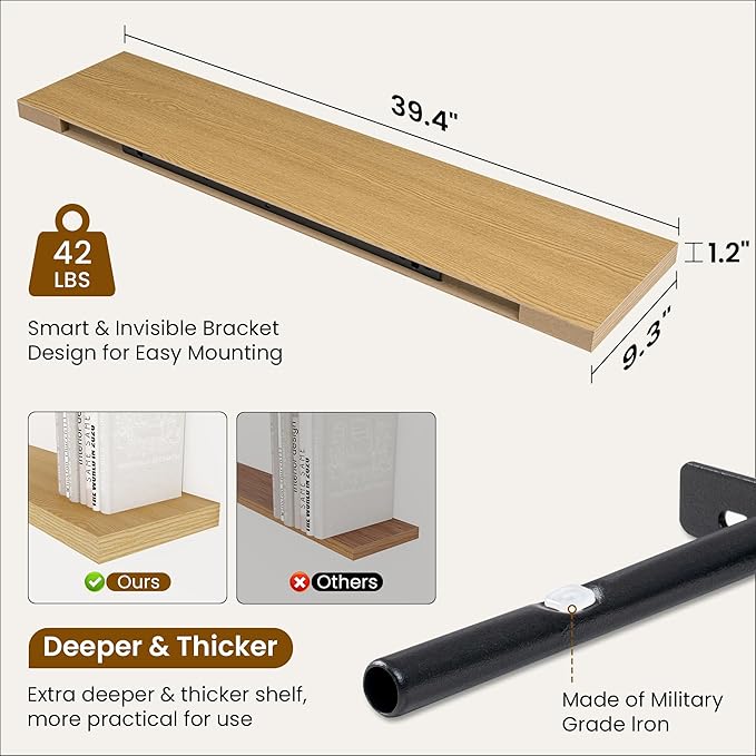 Fun Memories 40" Rustic Wood Floating Shelves with Invisible Brackets for Storage & Decor, Deep Wall Mounted Shelves for Bathroom, Kitchen, Living Room (Oak, Set of 2)