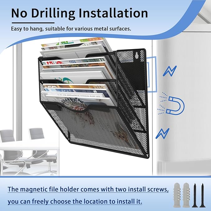 3-Tier Magnetic File Holder, No Drilling Installation File Cabinet Organizer, Black Magnetic File Organizer, Magazine Rack, Magnetic Paper Holder for Refrigerator, File Cabinets, Whiteboard