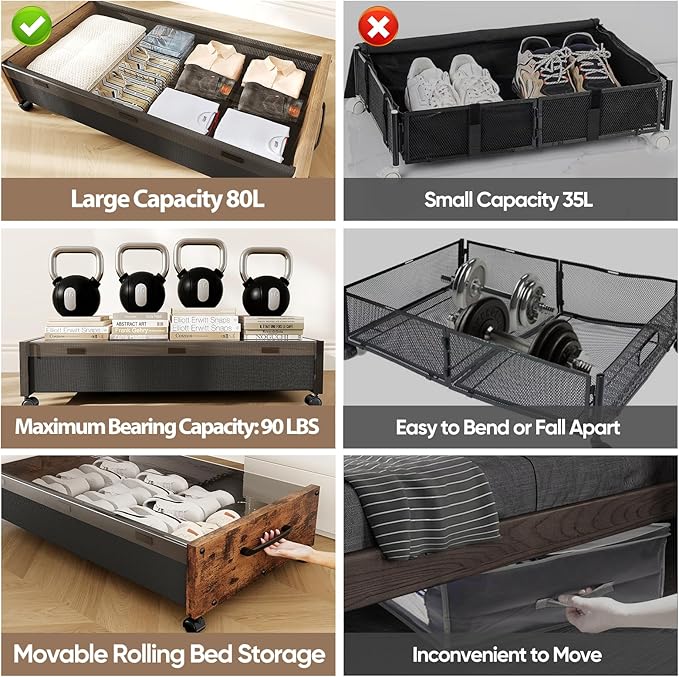 Wooden Under Bed Storage with Wheels, 80L Extra-large Rolling Under the Bed Storage Bins 2 Pack with Removable Lid, Upgrade Metal Under Bed Drawers for Clothes Shoes Blankets in Bedroom