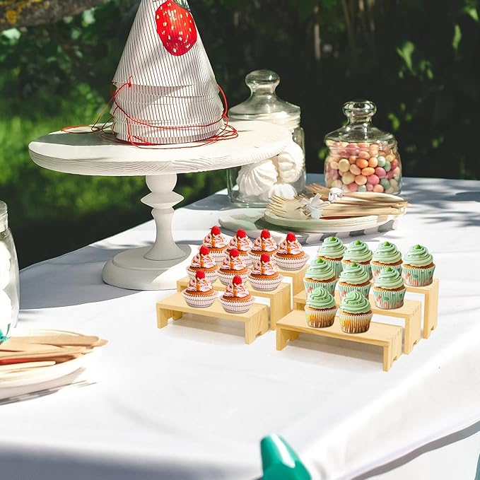 Display Wood Risers Wooden Stand 3 Tier Wood Racks Decorative Rectangular, 2 Set 6 Piece Cupcake Stands Cologne Perfume Organizer Dessert Showcase(Nature)