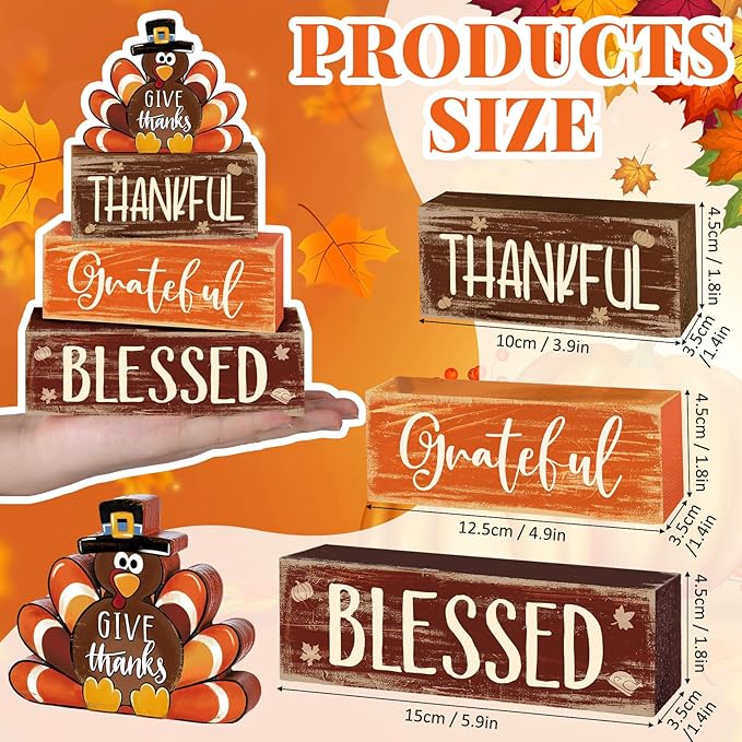 4 Pcs Fall Thanksgiving Decor for Home Funny Turkey Wooden Signs with Hat Thanksgiving Fall Tiered Tray Decor Turkey Tabletop Centerpiece Thankful Block Signs for Office Kitchen Shelf