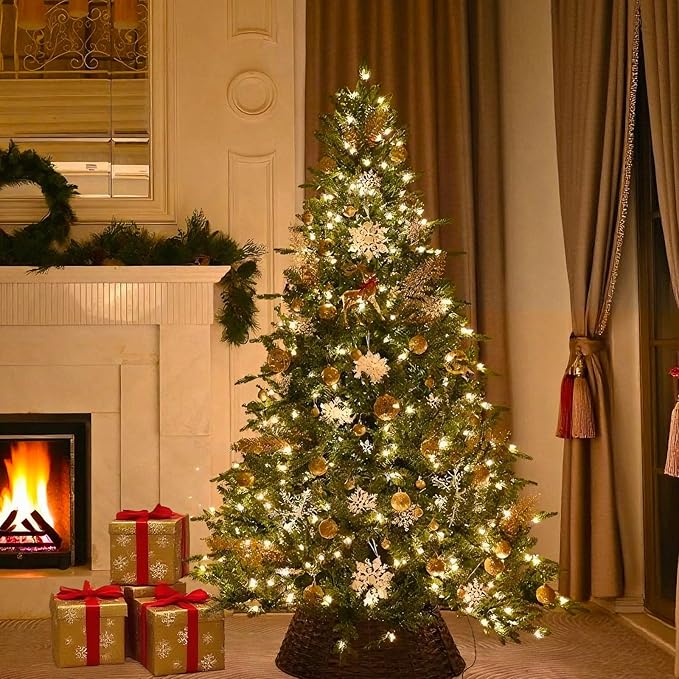 9FT Pre-Lit Artificial Christmas Tree with 3658 PE&PVC Mixed Branch Tips, 850 Warm White Lights, Hinged Premium Spruce Fake Xmas Trees, Green, Foldable Base