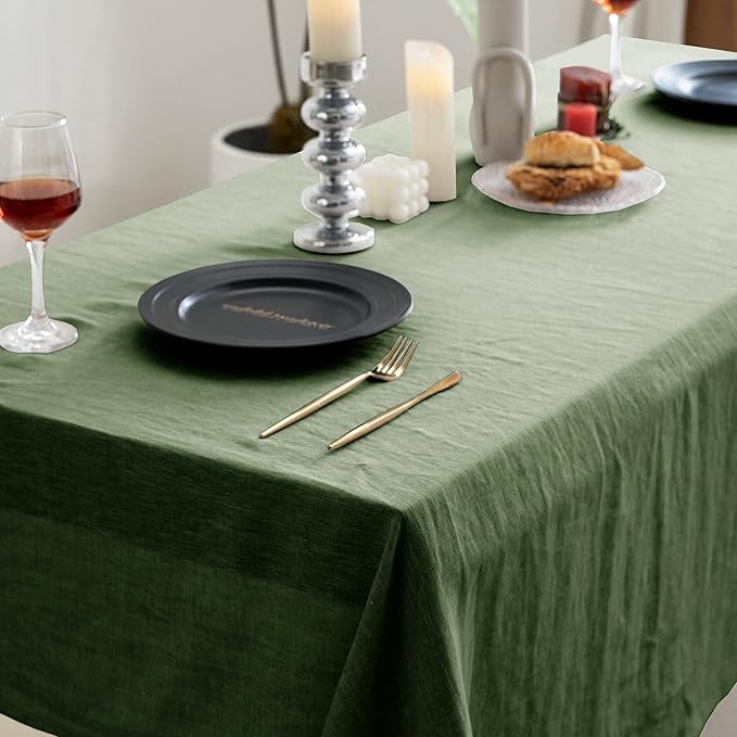 EVERLY 100% Pure Linen Rectangle Tablecloths 60x84Inches for Dining,Buffet Parties,Picnic,Events,Weddings and Restaurants,Decorative Halloween,Thanksgiving Machine Washable Tablecloths-Green