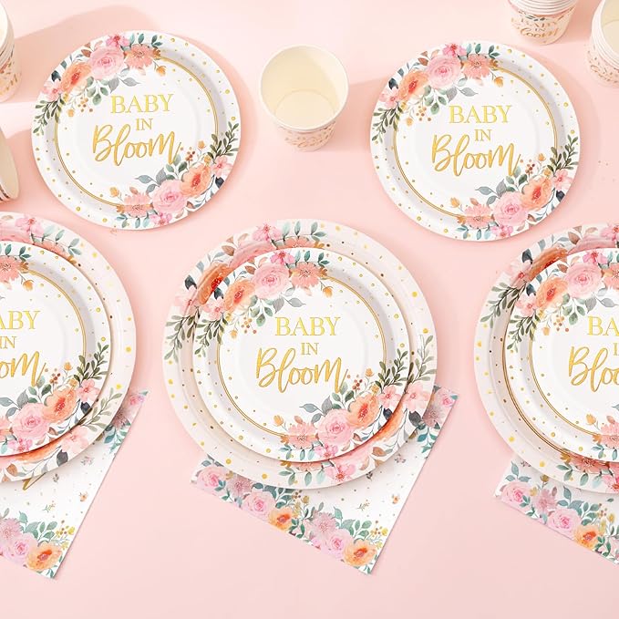 169 Pcs Baby in Bloom Baby Shower Decorations for Girl , Its a Girl Baby Shower Plates and Cups and Napkins Sets, Pink Floral Plates Serves 24, Spring Summer