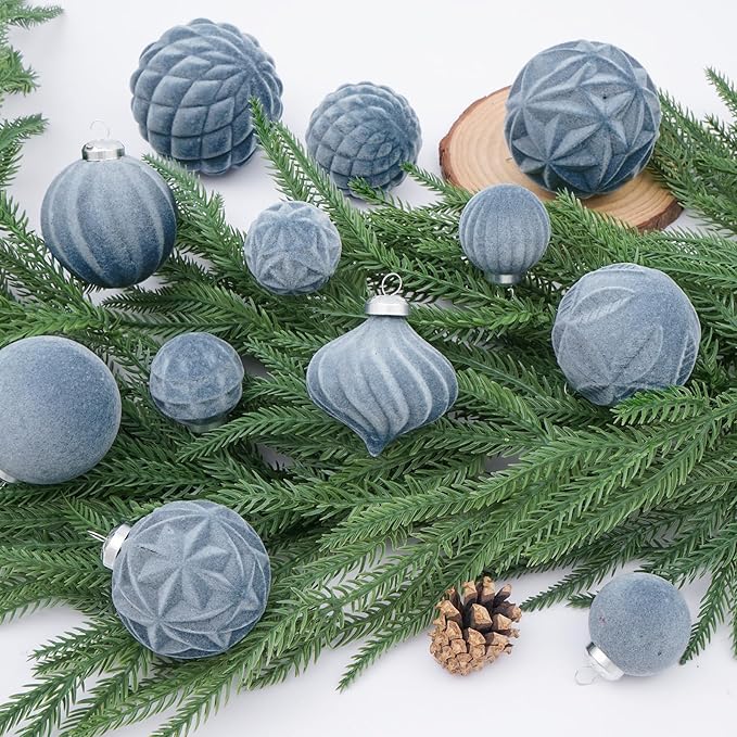 46PCS Velvet Christmas Ball Ornaments Set, Flocked Shatterproof Xmas Tree Decor, Assorted Hanging Ornaments with Loop for Holiday Home Decor, Christmas Tree, Mantel, Party Decoration (Gray Blue)