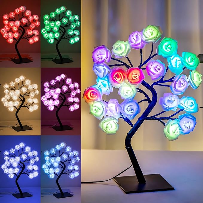 18 Colors Rose Tree Lamp - Multicolor LED Rose Flower Night Light Pink Flower Lamp Rose Lamp Tabletop Bonsai Tree for Wedding Valentine's Day Decorations Wedding Girls Party Bedroom