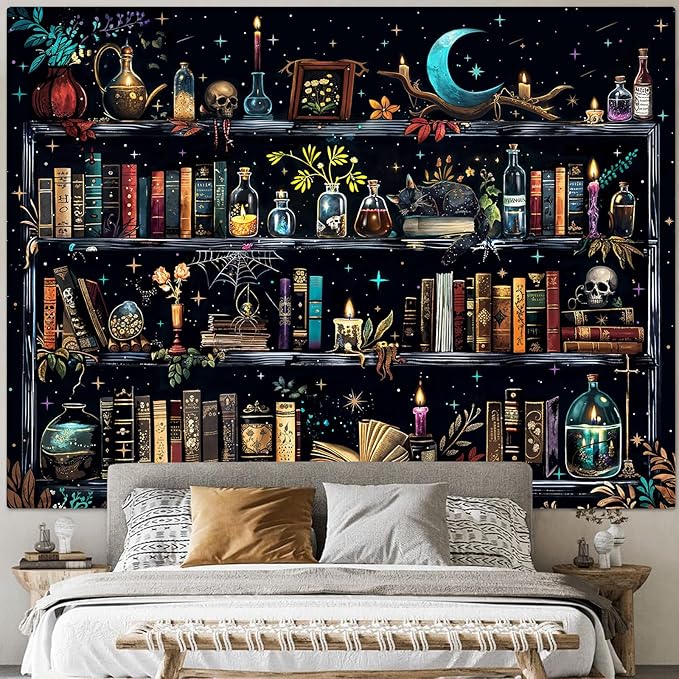 Accnicc Magic Bookshelf Tapestry Magical Witchy Potion Dark Hippie Haloween Tapestries Wall Hanging Gothic Skull Black Cat Library Book Tapestry for Bedroom Living Room Dorm 80 x 60 inch