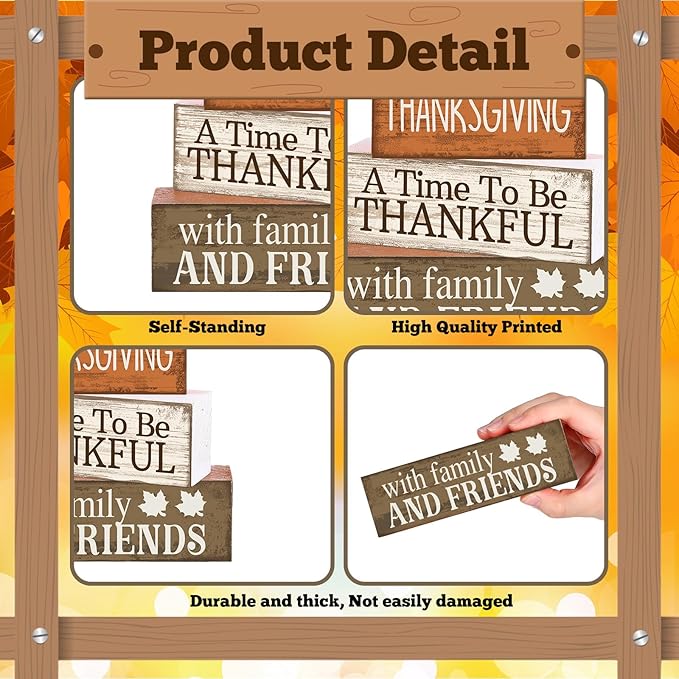 4 Pcs Fall Decoration for Home Thanksgiving Table Decoration Wooden Turkey Fall Tiered Tray Decor Thanksgiving Centerpiece Rustic Decorative Turkey Block Signs Gift Decor for Home Kitchen