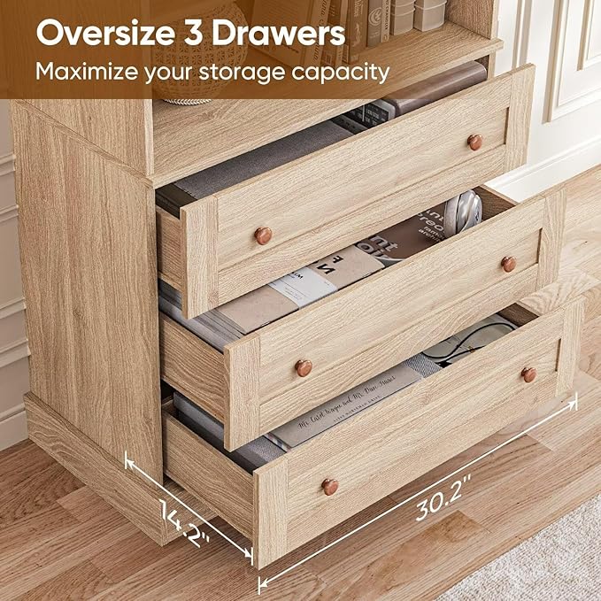 Vyre 71" Tall Farmhouse Bookshelves with Glass Doors and Drawers, Set of 4 – Large Modular Bookcase with Adjustable Shelves, Storage Cabinet for Living Room, Kitchen, Brown