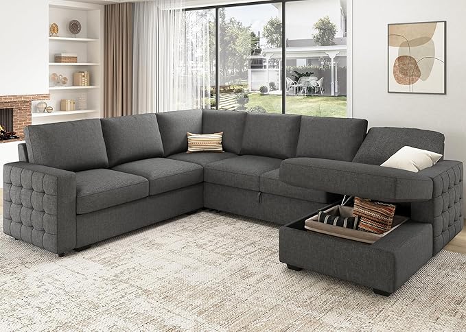 HONBAY Sectional Sleeper Sofa with Pull Out Bed U-Shape Sectional Couch Sleeper Bed with Storage Chaise 6 Seater, Light Grey