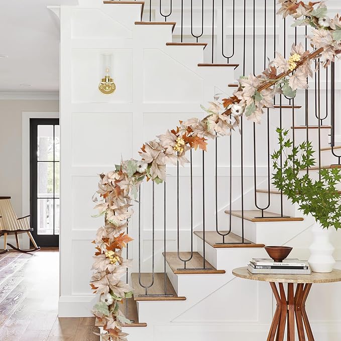 Fall Maple Leaf Garland, Hanging Vine Artificial Autumn Foliage Decoration for Thanksgiving, Home, Wedding, Fireplace, Party, Christmas (White)