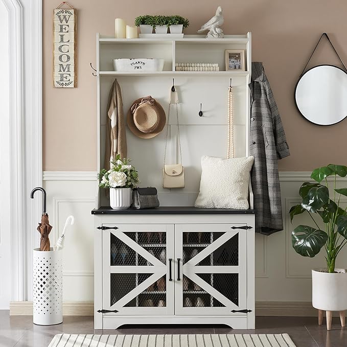 JXQTLINGMU 42" Farmhouse Hall Tree with Shoe Storage, Entryway Bench with 12 Cubbies, 7 Hooks & Barn Doors, Mudroom Coat Rack Cabinet, Off White