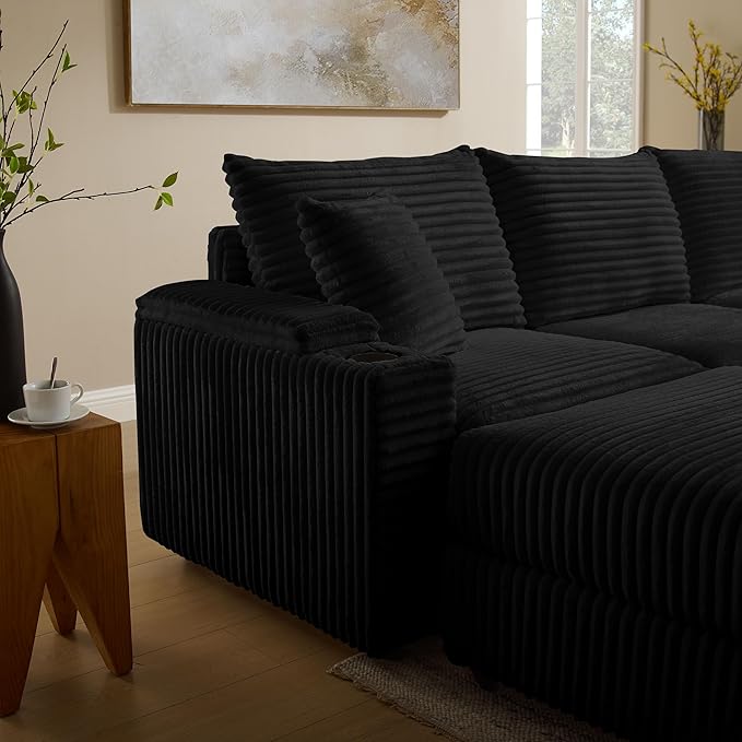 Modular Sectional Sofa Couch, Plush Corduroy Fabric Sectional Couches for Living Room with USB Charging Ports, Phone Holders, and Multi-Functional Storage Armrests (Black, 3set+1ottoman)