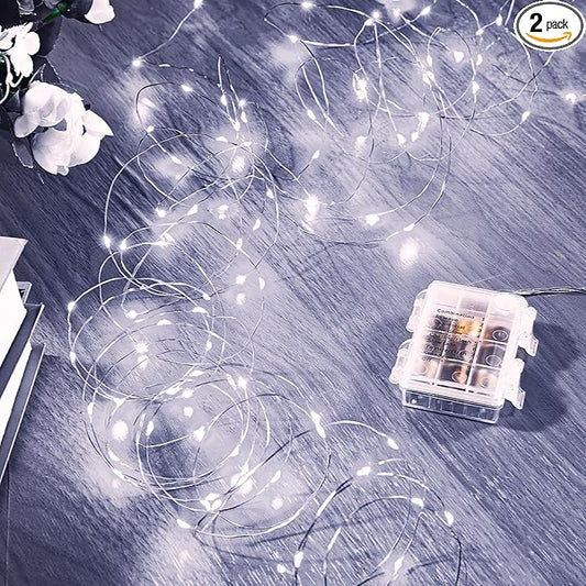 2 Pack 16.4 Ft. Battery Operated Outdoor String Lights with Remote & Timer, LED Cool White Fairy Lights, Waterproof Twinkle Lights for Bedroom, Dorm, Mason Jar, Wedding, Party, Christmas