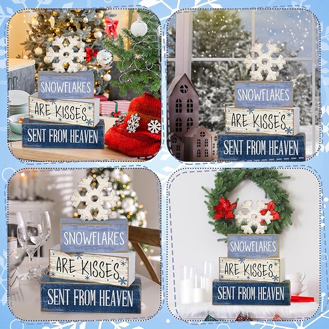 4 Pcs Christmas Table Decorations Wooden Snowflake Decor Winter Tiered Tray Decor Rustic Snow Block Signs Gift Farmhouse Christmas Centerpiece for Winter Wonderland Party Kitchen Home