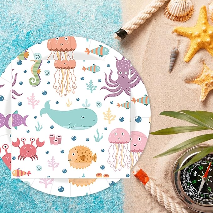 40 pcs summer pool Party Paper Plates and Napkins Disposable Party Decorations White Ocean 9 inch 20 pcs luau tropical Dessert Plates & 20 pcs Napkins Tableware for Fruit Cake