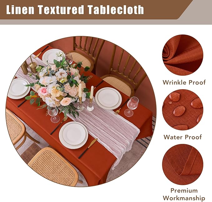 Fitable 2 Pack Faux Linen Fall Tablecloths, Wrinkle Proof Fabric Rectangle Table Cloth, Burlap Textured Table Covers for Thanksgiving Holiday Autumn Dinner Party Farmhouse (Rust, 54 x 78 Inch)