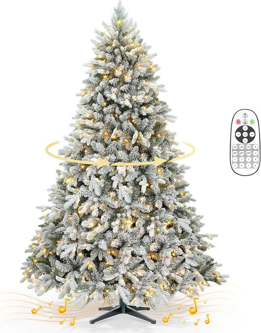 7.5ft 360° Rotating Pre-Lit Snow Flocked Christmas Tree, Built-in Music, Remote Control, 8 Light-Modes, White Christmas Tree for Home Decor
