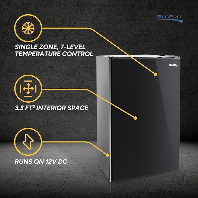 RecPro 3.3 Cu Ft 12V RV Refrigerator | Black Fridge with Adjustable Shelves, 18-Can Door Storage, Reversible Door | 7 Temp Settings, Frost-Free | Ideal for RVs & Small Spaces