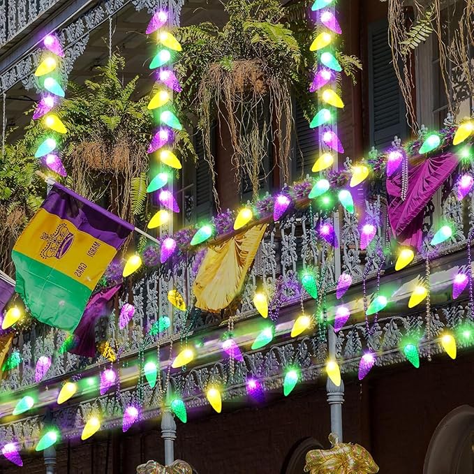 Solar Halloween Lights Christmas Lights C6 Strawberry String Lights Mardi Gras String Lights, 50 LED 8 Modes Waterproof Outdoor Use for Mardi Gras Christmas Tree Camping Balcony Halloween Party Decor