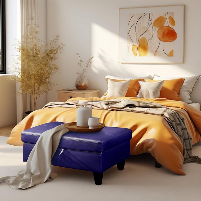 Ottoman Rectangular Storage Ottoman Bench, Faux Leather Footrest, Coffee Table, Stool Footstool with Hinged Lid for Living Room, Bedroom, Entryway, Blue, 28.5"x19"x17.5"