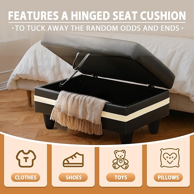 Ottoman Rectangular Storage Ottoman Bench, Faux Leather Footrest, Coffee Table, Stool Footstool with Hinged Lid for Living Room, Bedroom, Entryway, Black with White Strip, 35"x23.5"x17.5"