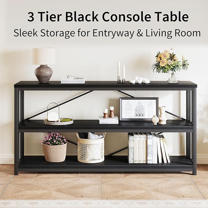 LVB Black Entryway Table, Modern Narrow Console for Hallway, Industrial Farmhouse Foyer Table with Storage Shelves, 63 Inch