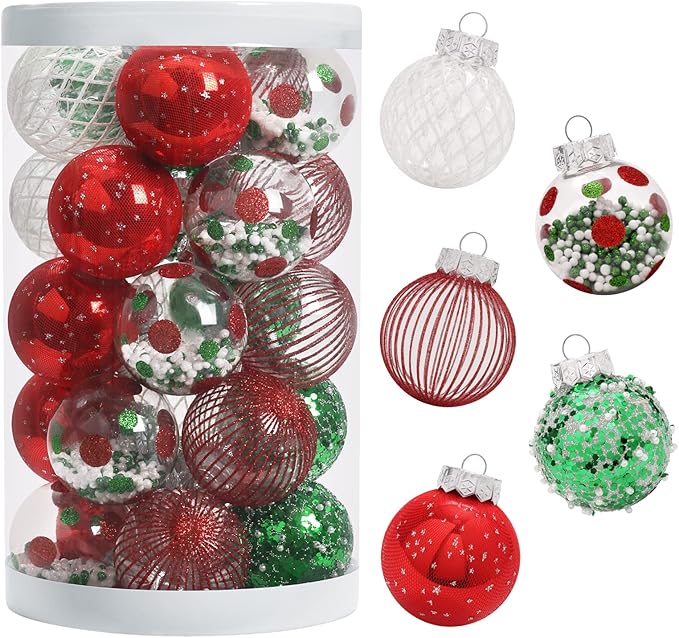 25PCS Christmas Ornaments Set, 2.36"/6CM Assorted Clear Plastic Shatterproof Ball Hanging Ornaments for Xmas Tree Decorations, for Indoor Home Holiday Decor - Red/Green/White.