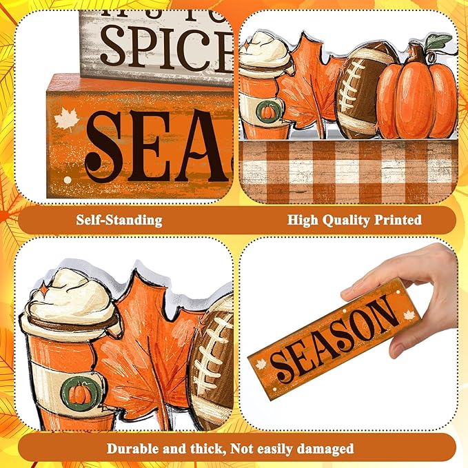 4 Pcs Fall Football Decorations for Home Fall Table Decor Thanksgiving Tiered Tray Decor Decorative Football Maple Leaves Pumpkins Block Signs Farmhouse Autumn Centerpiece for Home Kitchen
